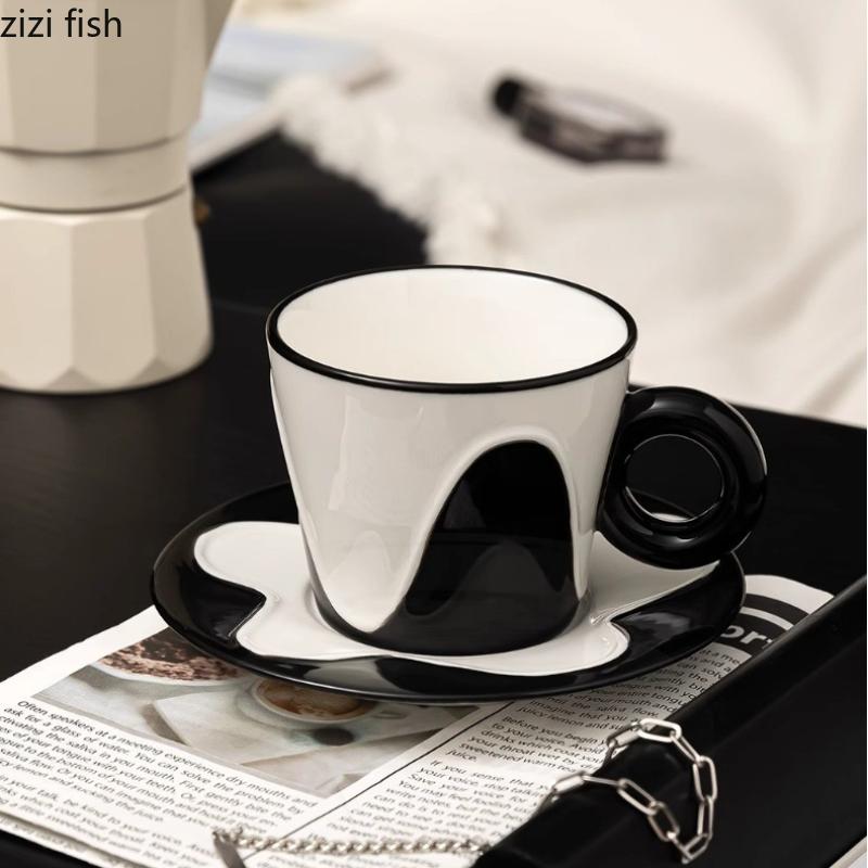 Black and White Wavy Ceramic Mug Coffee Cup and Dish Set Afternoon Tea Cups Breakfast Cups Milk Mug Water Cup Juice Mugs Teacup