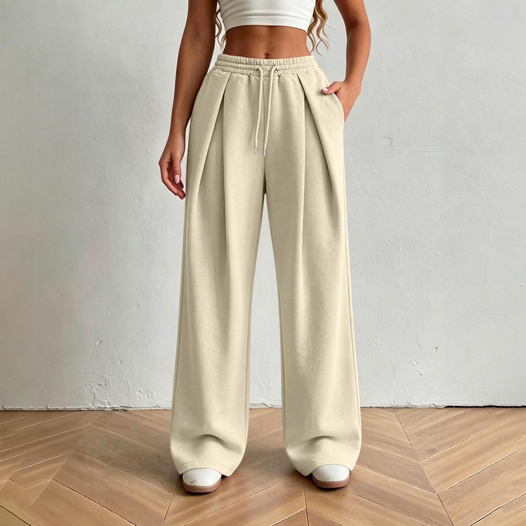 Women’s Fashion Loose Fit Elastic High Waist Drawstring Pocket Sports Casual Pants for Daily Wear and Activities