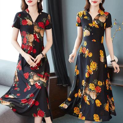 Robes Élégantes Col en V Ligne A Slim Vêtements Féminins Floraux Vintage Élégants Décontracté Manches Courtes Été Imprimé Bouton Robe Midi