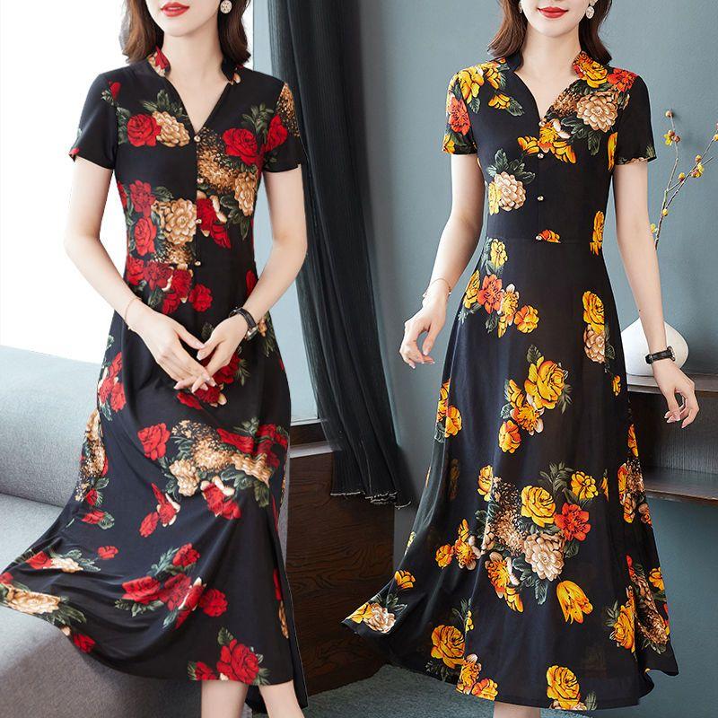 Elegant V-hals A-linje Slim Kjoler Stilig Vintage Blomstret Dameklær Casual Kortermet Sommer Trykt Knapp Midi Kjole