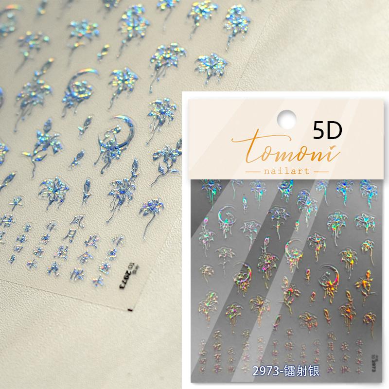 5D Fantasy Green Lotus Nail Sticker High Quality Embossed Lily Flower Pearl Rhinestone Self-Adhesive Nail Art Decorative Sticker