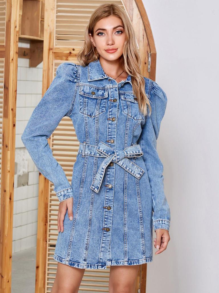 New Retro Waist-Cinching Slim Long-Sleeve Denim Dress for Women