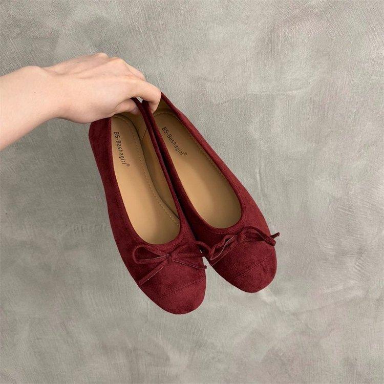 Soft leather version~ French retro round head bow light mouth single shoes women's autumn 2025 new suede ballet shoes