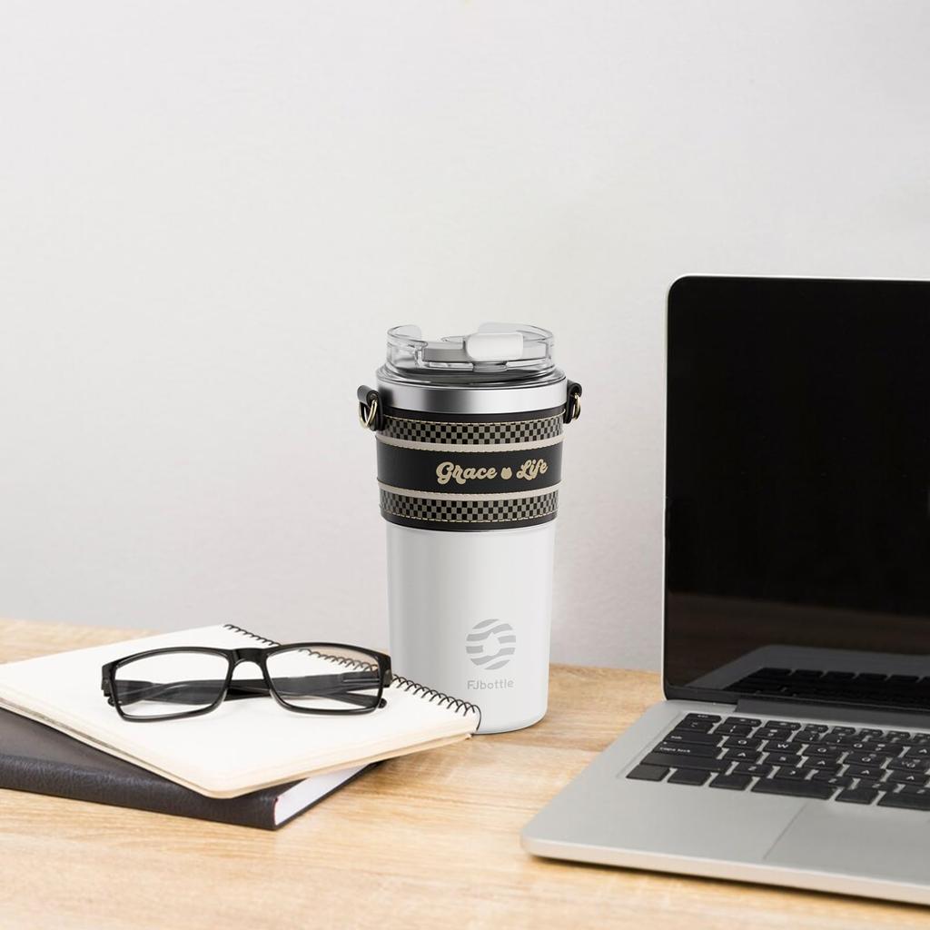 FJbottle 500ml Vacuum Insulated Mug Bottle with Strap, Direct Drinking, Keeps Hot or Cold, Easy To Clean, Wide Mouth Stainless Steel Bottle with