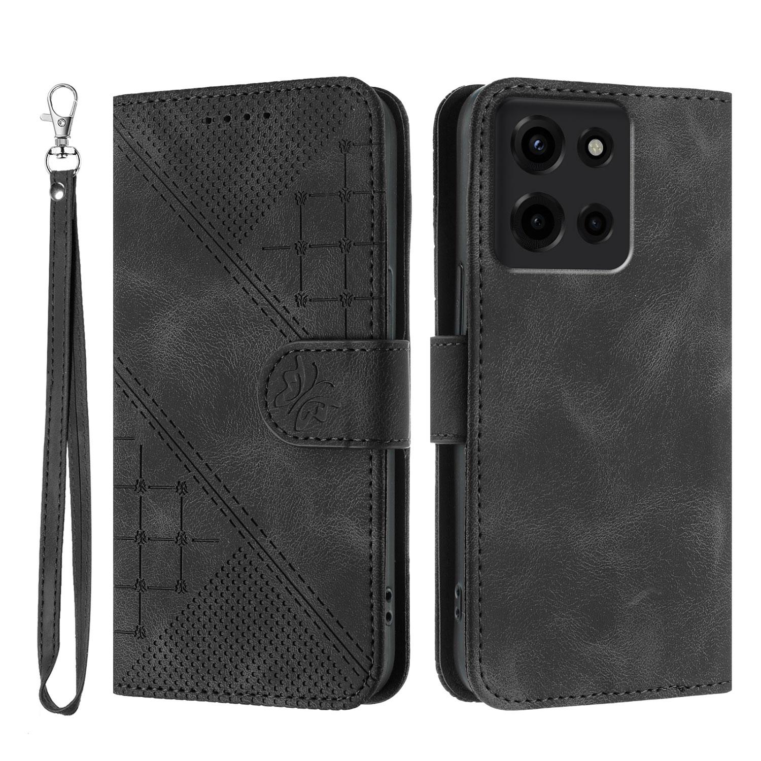 

Для Motorola Moto G 5G (2025) Шкіряний чохол-гаманець з тисненням метелика та квітки, чохол для телефону зі шнурком Black