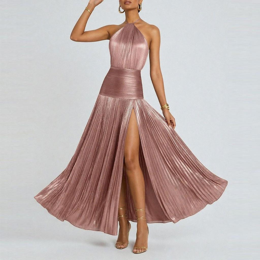 2026 Spring European and American Pleated Long Dress with High Waist Slit for Women