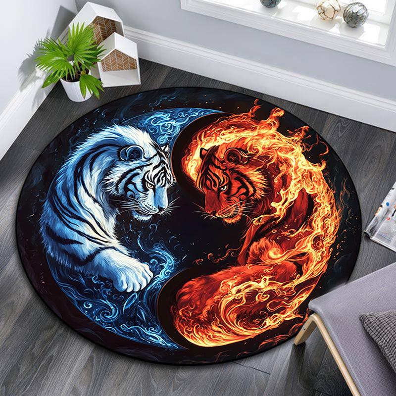 Yin Yang Tiger Round Area Rug,Carpet Rug for Living Room Bedroom Sofa Playroom Decor,Non-slip Floor Mat