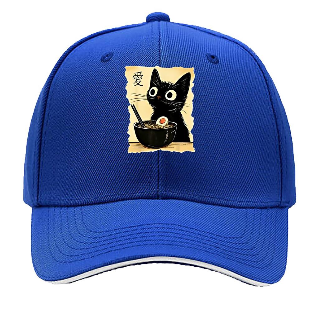 One Fashionable Printed Cartoon Cat Noodles Pattern Summer Curved Brim Cap Trendy Daily Wear Duckb Sandwich Baseball Cap