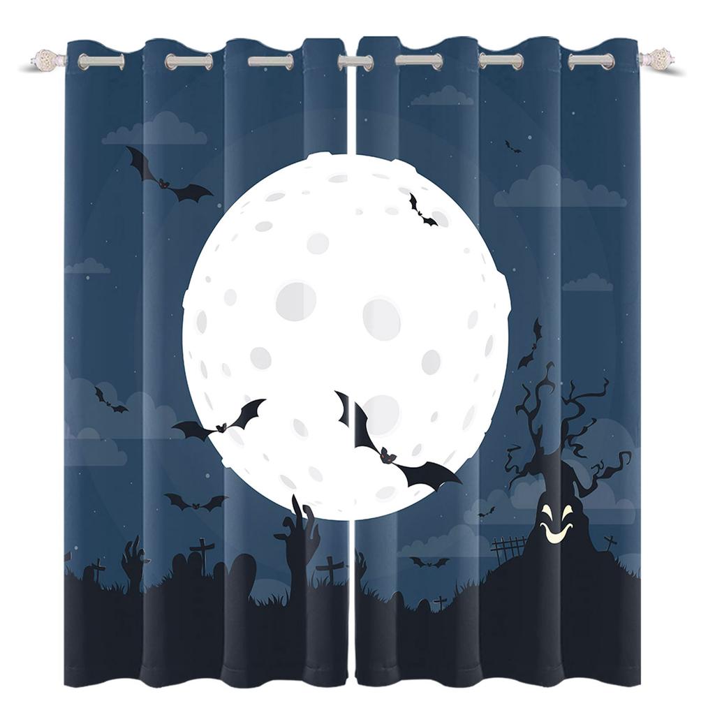 2pcs/set Horror Halloween Window Curtain Full Moon Night Tomb Iron Gate Back Room Home Bedroom Decor Blackout Polyester Curtains