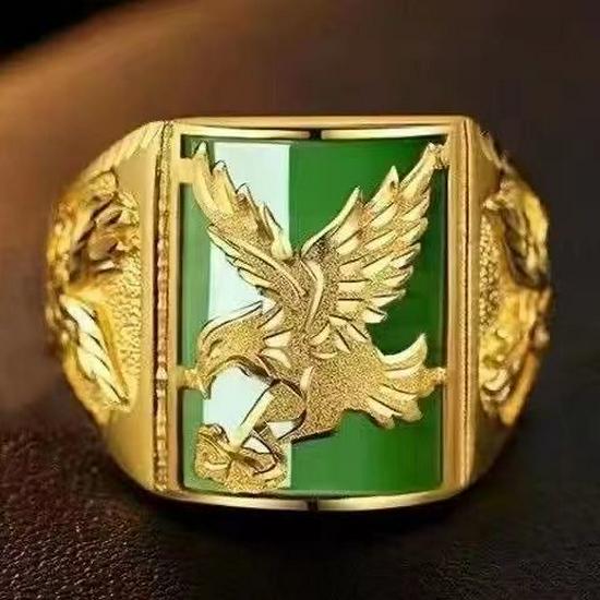 Vietnamese Sand Gold Men's Copper Gold-Plated Ring with Jade Fortune Design