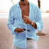 Men Lapel Long Sleeve Shirt Tops Pleated Thin Solid Color Single Breasted V-neck