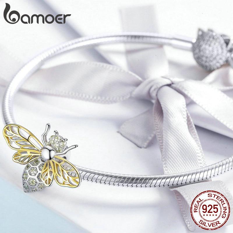 BAMOER Authentic 925 Sterling Silver Crystal Bee Beads Charms Fit for Original Charms