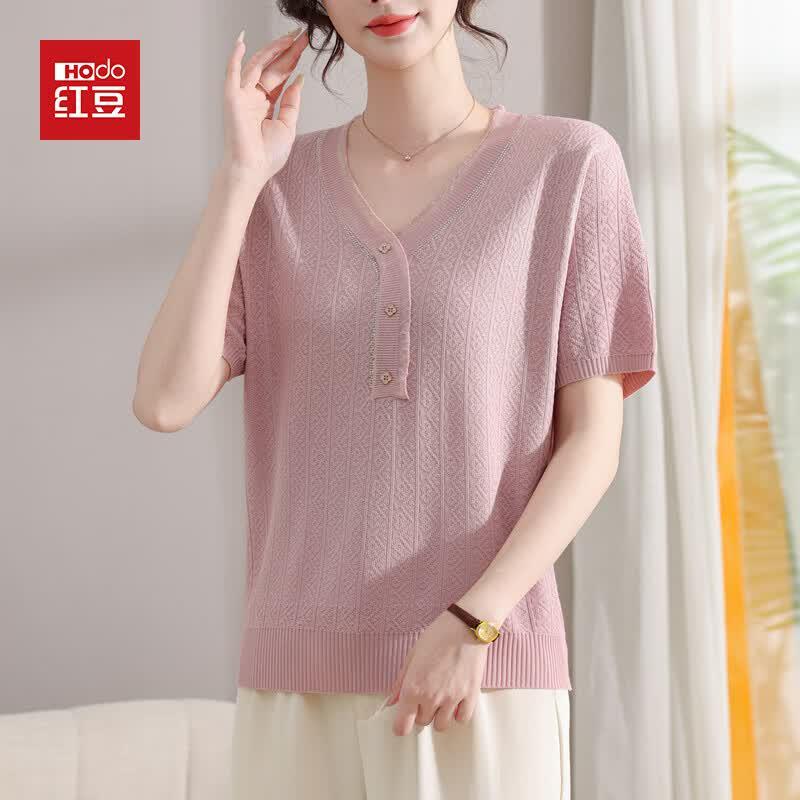 Hodo Women s V-Neck Short Sleeve Knit T-Shirt 3XL розовый