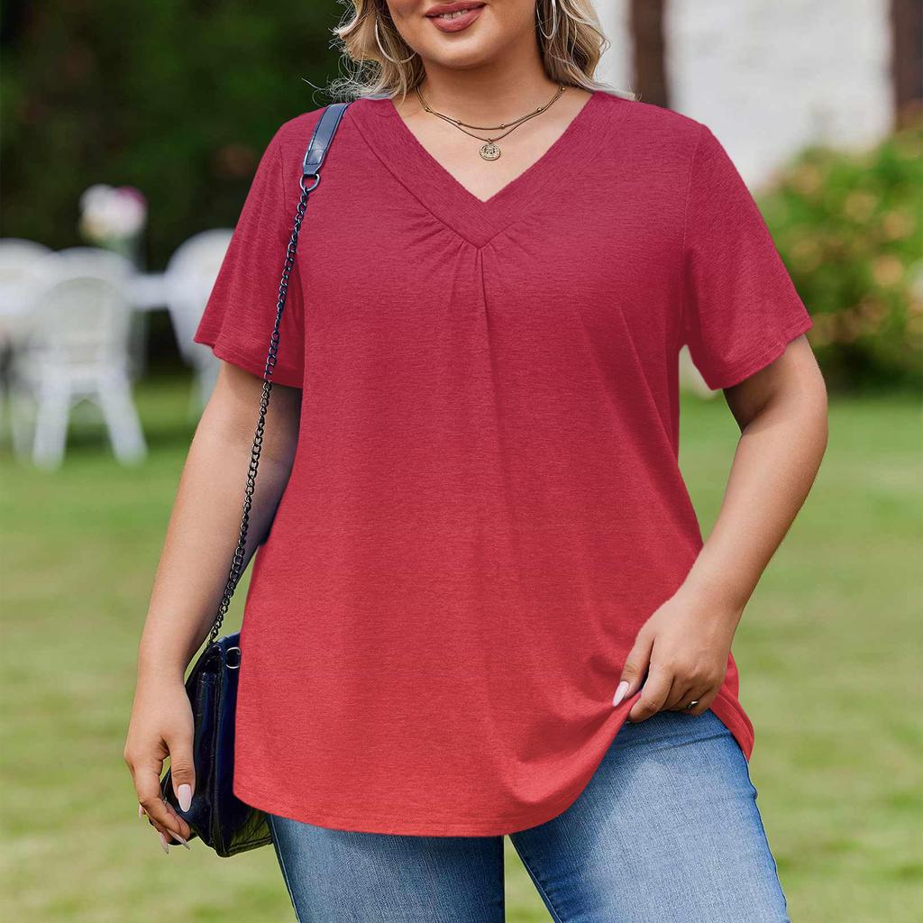 Damska Modna Codzienna Luźna Bluzka Plus Size z Krótkim Rękawem Elegancka z Dekoltem V Do Pracy