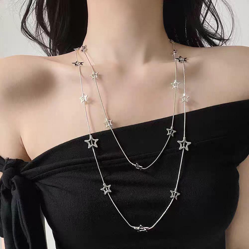 Retro Double-Layer Stacked Star Necklace Female Long High-End Niche Design Sweater Chain Accessories Light Luxury Collarbone Chain