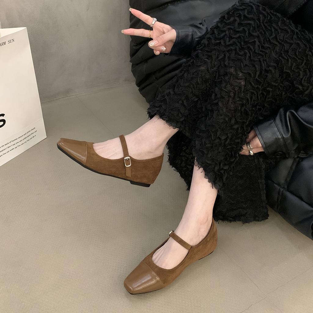 Inner Height Increase Leopard Print Single Shoes Autumn New Square Head One-word Buckle Suede Splicing Mary Jane Women's Shoes Doudou Shoes