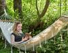 Boho macrame garden hammock with spreader bar and headband for one person, beige cover