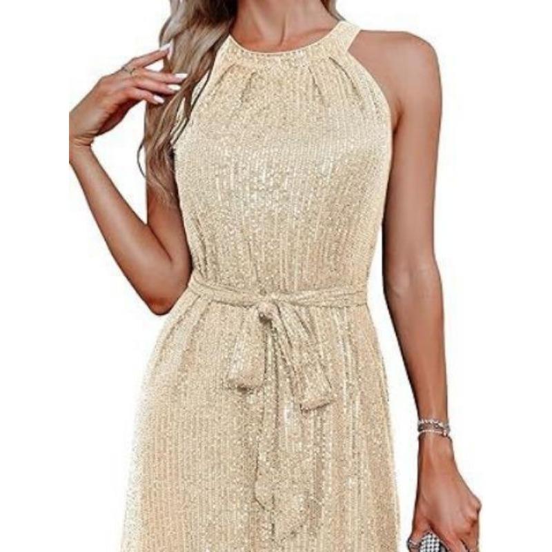 Women Sleeveless Halter Neck Sequin Bodycon Mini Evening Party Dress