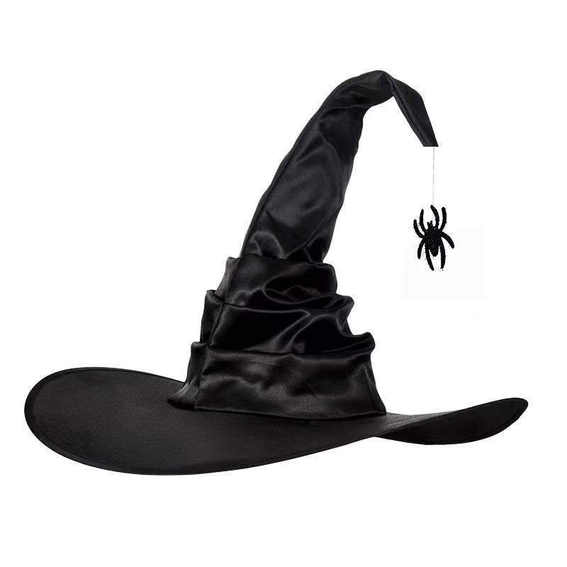 

Halloween Wrinkled Witch Hat Made of Taffeta Featuring Spider Pendant Suitable for Costume Parties and Themed Events One Size чёрный