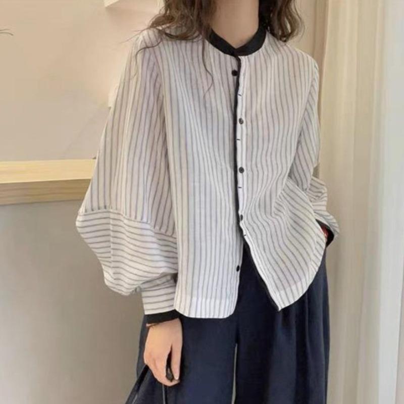 Women's Striped Shirt Ladies' Round Neck Lantern Long Sleeved Blouse Autumn New Version Korean Style Loose Versatile Casual Top