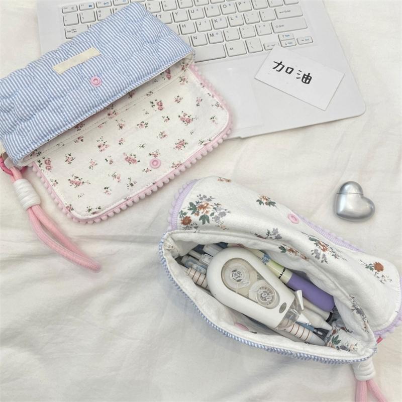Flower Print Pen Bag with Lanyard Large Capacity Pencil Case Pen Organizers Pencil Pouches Travel Makeup Bag for Women