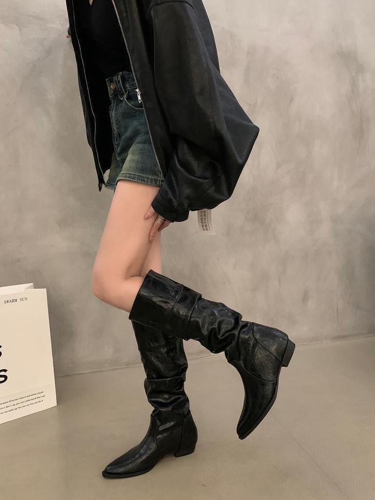 Pointed inner heightening pile boots women's 2025 spring and autumn new small western cowboy boots knight boots long boots