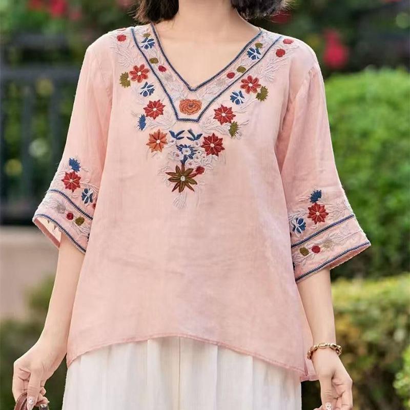 Women Multicolor Floral Embroidered V Neck Three Quarter Sleeve Cotton Blouse M розовый