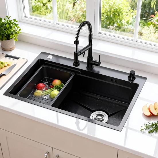 Multifunctional Kitchen Sink Top-Mount Sink 30 Inch Drop In Single Bowl Stainless Steel Black Workstation with Accessories (29.5" X 17.7")