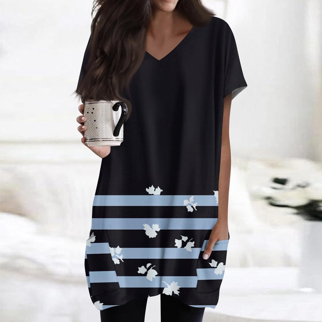 Topuri de damă cu decolteu în V Bluze cu mâneci scurte Cămăși ocazionale de lungime mijlocie Tunica cu imprimeu la modă Topuri cu buzunare