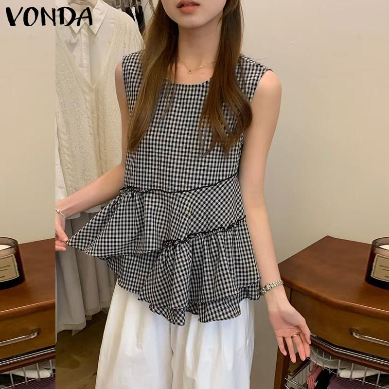 VONDA Sommer Damen Ärmellos Unregelmäßiger Rüschensaum Karomuster Lässige Tanktops