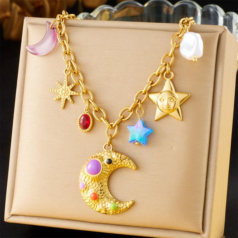 Imitation Pearl Acrylic Star Moon Pendant Necklace Stainless Steel Summer JewelryAccessories
