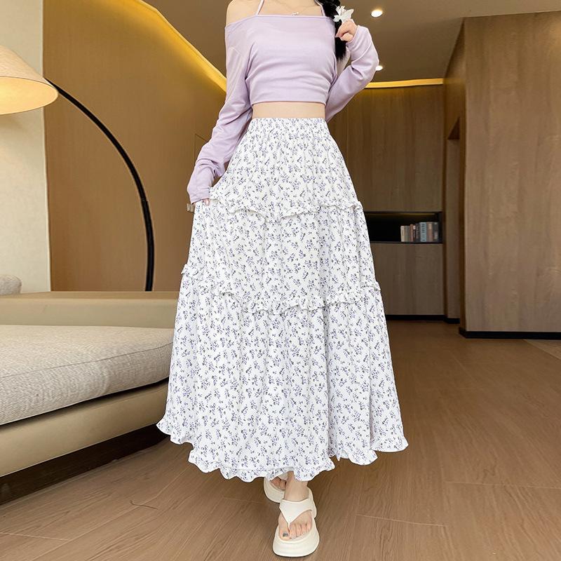 Dam Vår och Sommar Ny Koreansk Retro Beige Blommig Hög Midja A-linjekjol Casual Lat Stil Lång Kjol