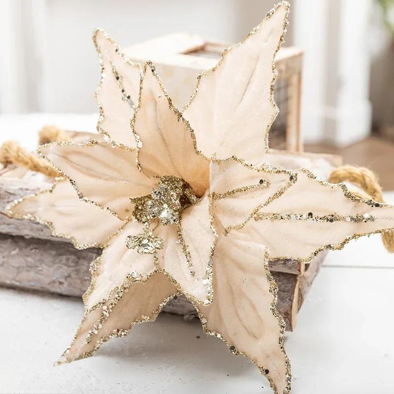 

26CM Christmas Flower Red Gold Glitter Fleece Simulation Fake Flower Xmas Tree Pendants Merry Christmas Flower Hanging Ornaments шампанского