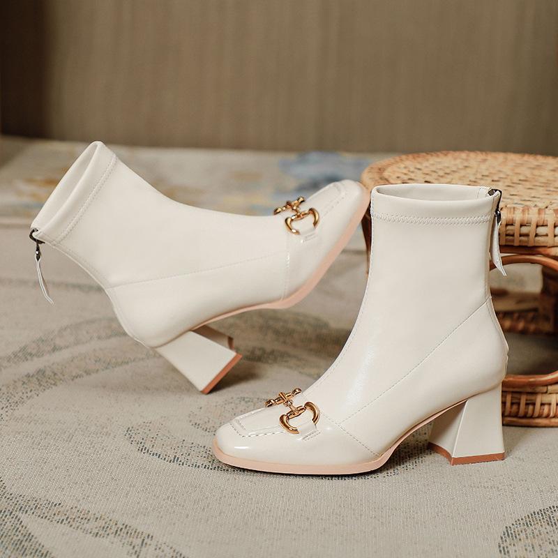 2025 new British Martin boots square head white short boots spring and autumn single boots horse buckle high heels thick heel