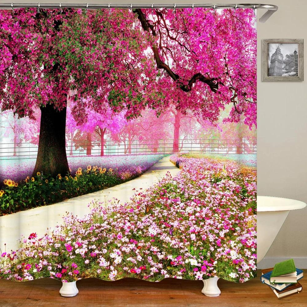 Waterproof Fabric 3D Shower Curtain Bathroom Curtain Pink Tree Landscape Polyester Bath Curtain Decorate With Hooks Cortina