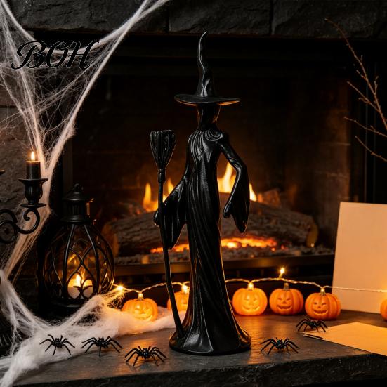 Resin Witch Sculpture for Desk Gothic Cat Statue Home Decor, Timeless Aesthetic Pieces Figurine, Mystical Tabletop Ornament Office Living Room,