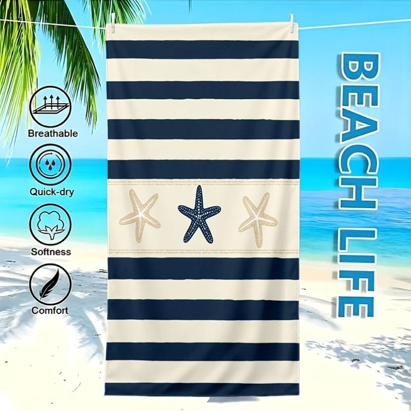 1Pc Navy Stripe Starfish Beach Towel Quick Dry High Absorbency Large Bath Towel For Beach Vacation 70x140cm