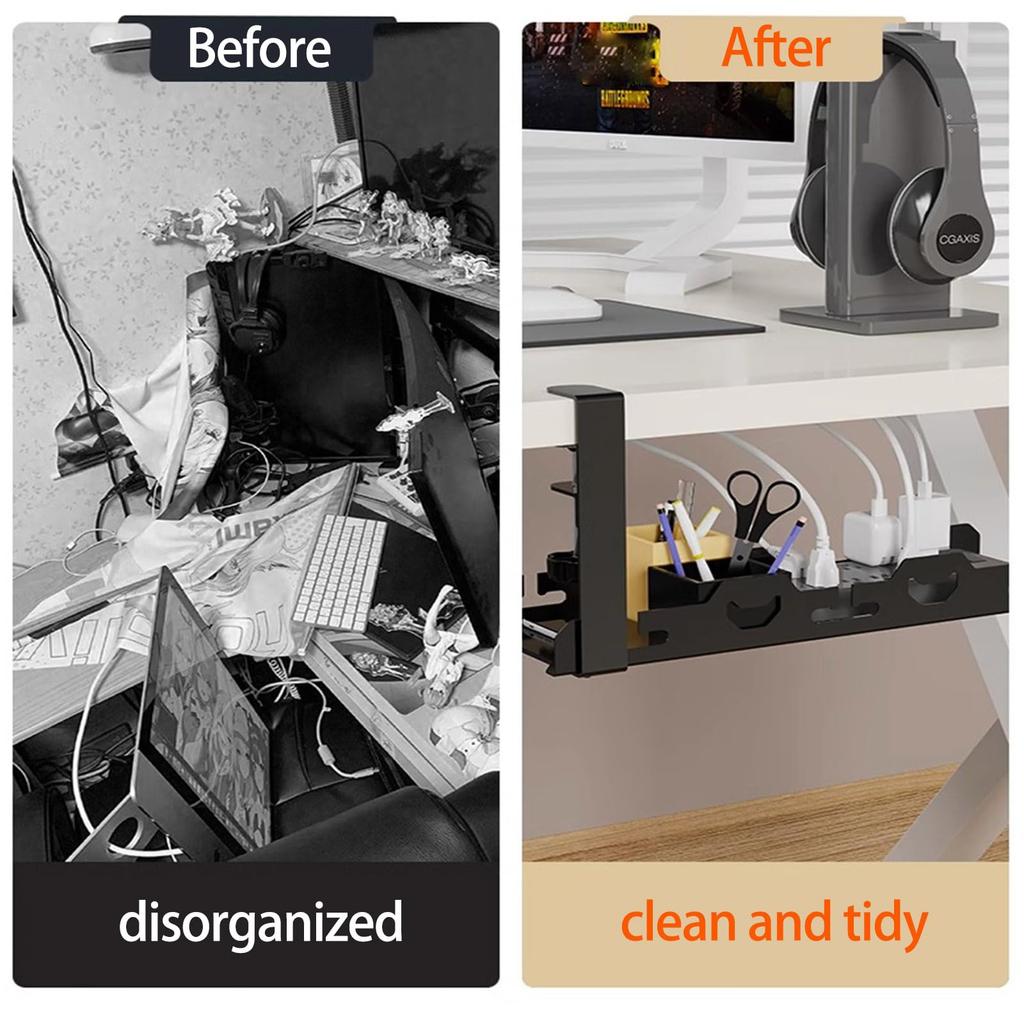 No Drill Sturdy Steel Under Desk Cable Management Tray Cord Hider Raceway Metal Cable Tray Strip Cord Holder for Wire Management