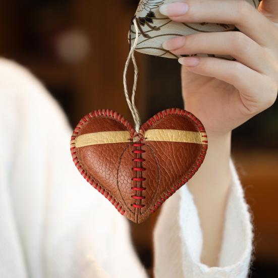 Vintage Football Heart Hanging Decoration Handmade Faux Leather Love Heart Shaped Football Hanging Ornament Sports Fans Collectible Gift