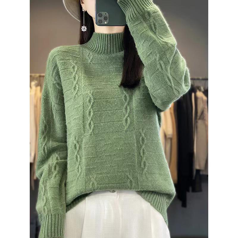 Women's High Neck Wool Sweater - Thick, Loose Knit Top for Autumn/Winter