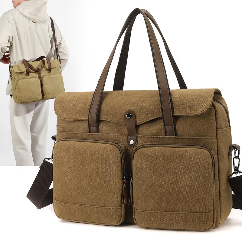 Commuter Handbag Multi-Pocket Men's Bag Large Capacity Crossbody Briefcase Solid Color Canvas Shoulder Bag