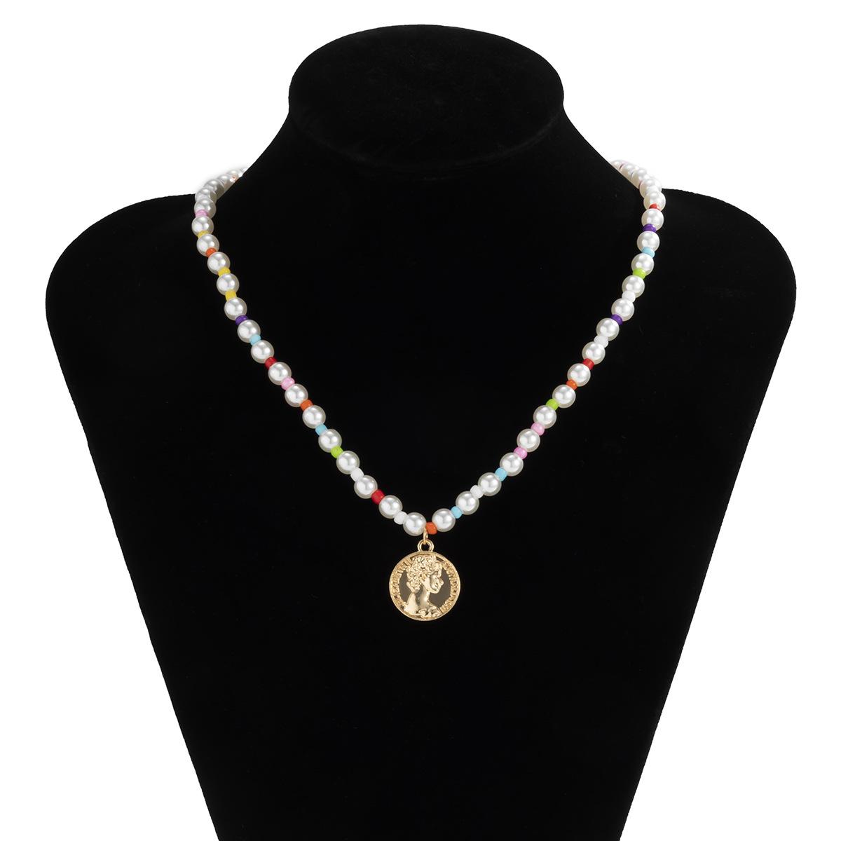 High Street Hip-Hop Trend Niche Colorful Pearl Splicing Necklace Metal Queen Head Coin Pendant Gold 04356