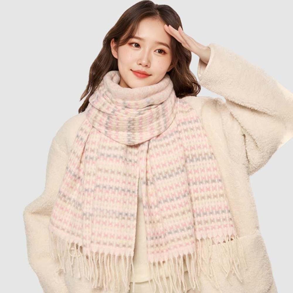 Contrast Color Knitted Wool Shawl Soft Long Neckscarf with Tassel Dopamine Plaid Scarf  Autumn