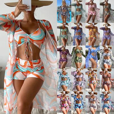 Women's Fashion Printed Bikini Set 3 Pieces Swimwear Set Padded Drawstring Top Boy Shorts Long Sleeves Cover-up Swimsuit High Waisted Bathing Suit