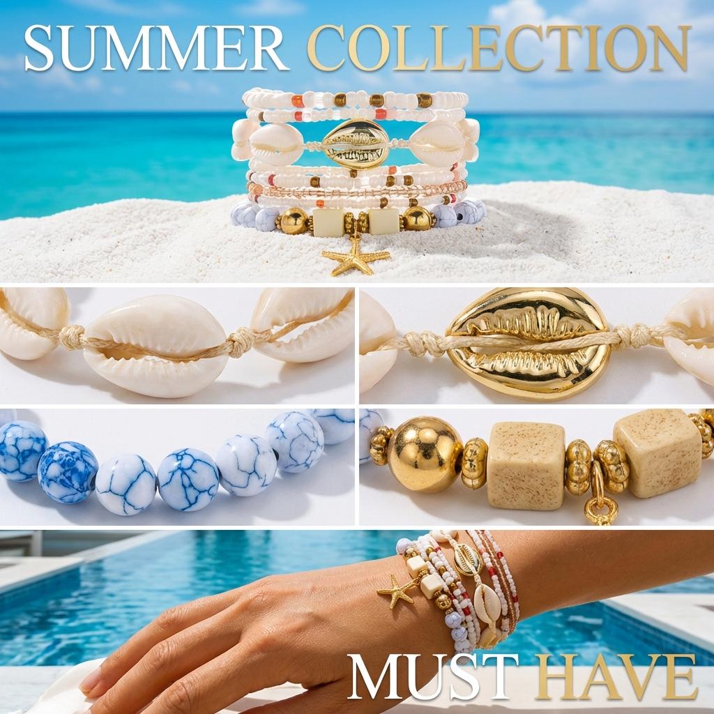 Bohemian Multilayer Shell Starfish Bracelets for Women Summer Beach Elastic Beaded Anklet Bracelet Set Vacation Jewelry Gift