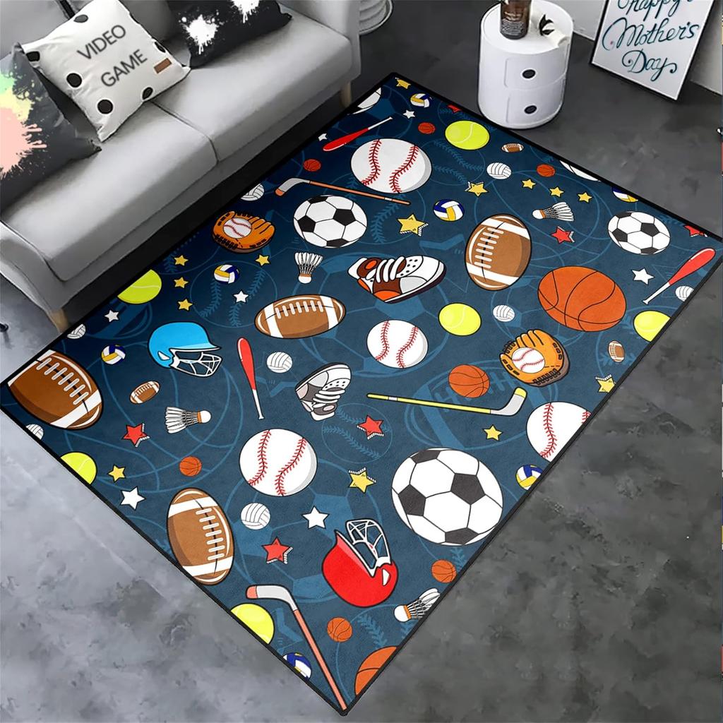 Sports Balls Rug for Boys Bedroom, Football, Basketball, Soccer Carpet, Non-Slip Sports Room Decor Rug for Kids