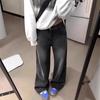 Black Gray Women's High-Waist Straight-Leg Jeans - Autumn/Winter, Slimming, Plus Velvet, Wide-Leg, Floor-Length.