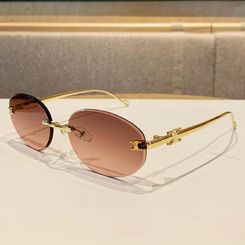 Ochelari de soare fără ramă pentru femei, Stil retro sofisticat, Protecție solară, Rame ovale, Ochelari de soare metalici pentru bărbați.