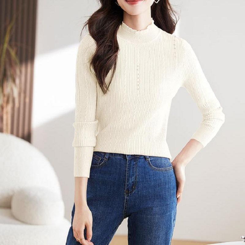Lace Semi-turtleneck Bottoming Shirt Women's Autumn and Winter Inner Twist Pearl Chic Top Knitted Sweater Women's Long-sleeved Slim-fit