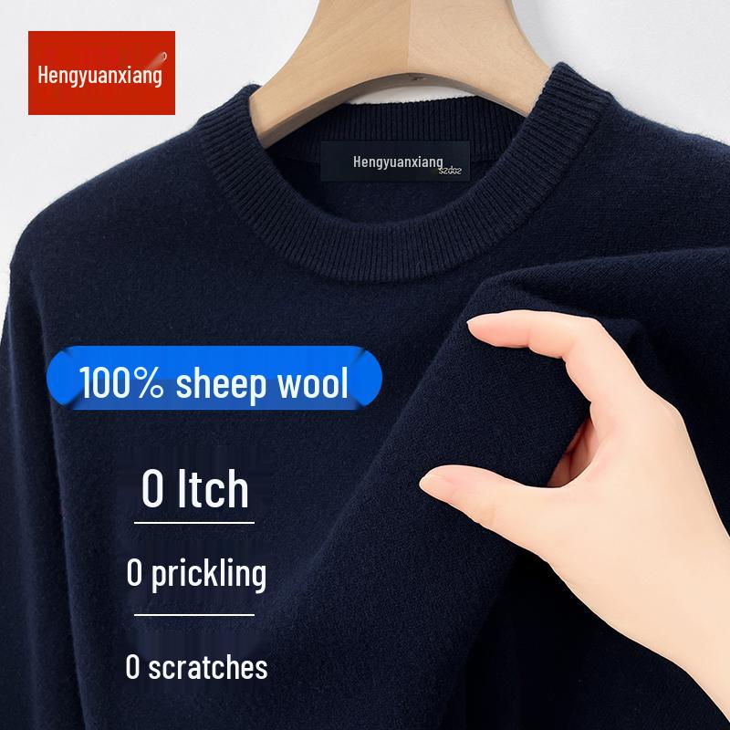 Hengyuanxiang Men's 100% Pure Wool Pullover, Round Neck, Thickened Winter Sweater for Middle-Aged Dads.